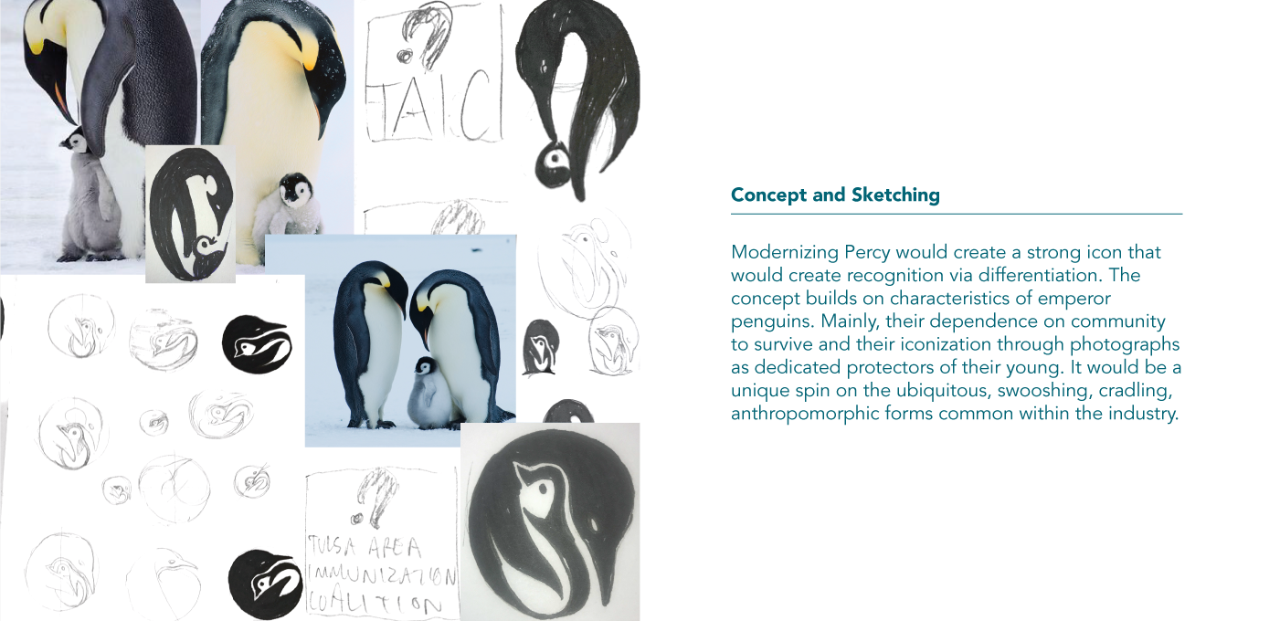 sketches showing the design process for rebranding a tulsa non profit