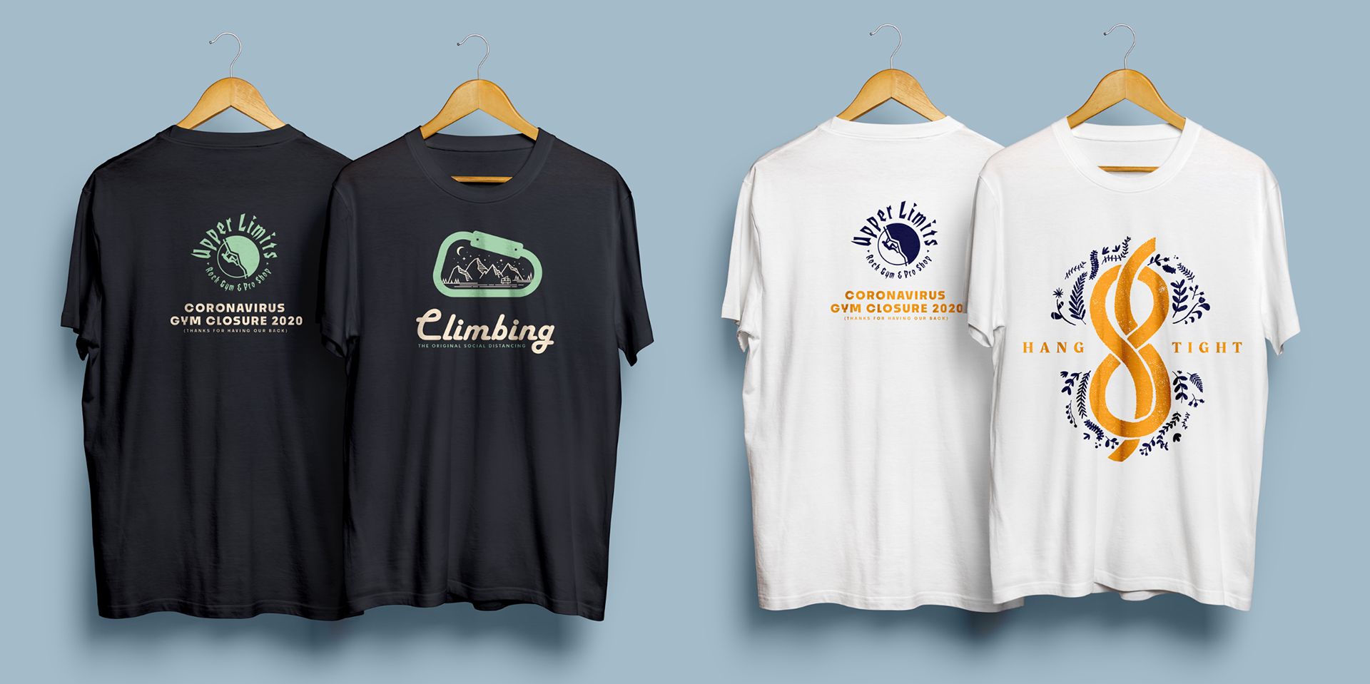 Like most climbing gyms around the country, we closed our doors due to the COVID-19 pandemic. In response, I designed these t-shirts and implemented a fundraising campaign within 48 hours. They have been enormously popular within our community and contributed towards continuing to pay our bills and as many staff as we are able. We were one of the first gyms to implement this type of campaign and have seen it explode throughout the industry.