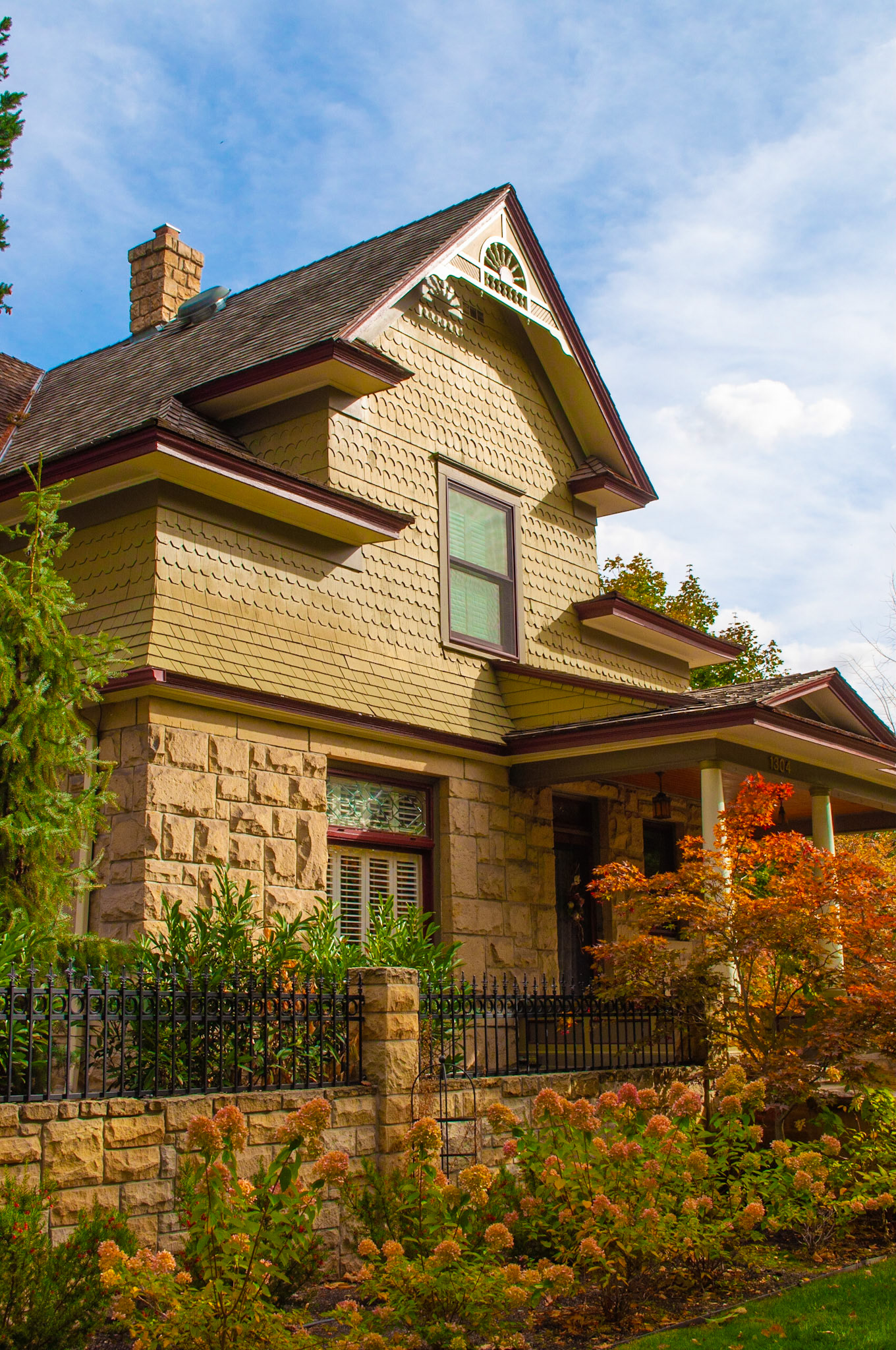 House: Harrison Blvd home, positioned the shot to play on all the angles, lines, textures, and mediums on this house, 20201011, Harrison Blvd, MILLER, I enjoy this time of year and this particular street very much and capturing the beautiful homes on this street was fun. Camera Settings: Nikon D5000 ISO 200, 26mm f/13, 1/250s