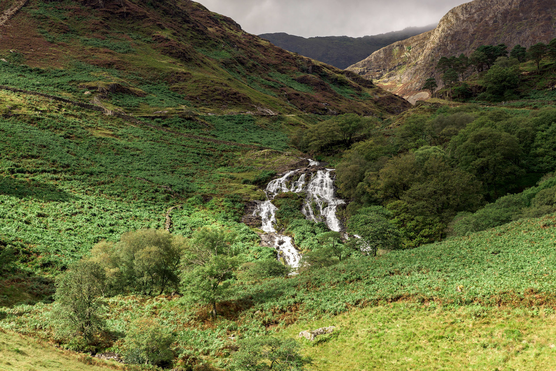 Rapids and waterfalls of Afon Cwm Llan viewed from the Watkin Path Snowdonia National Park, Wales