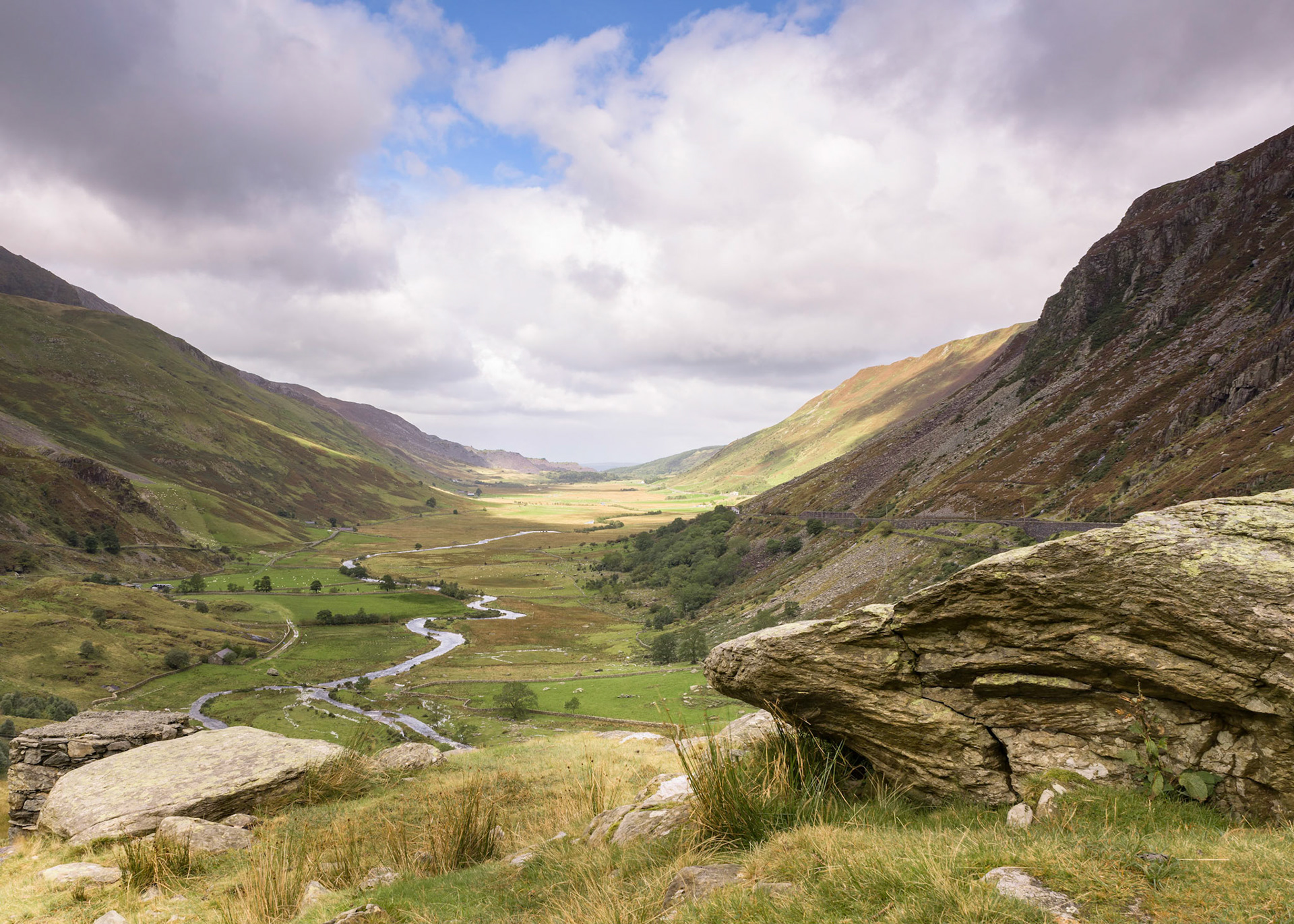 Nant Ffrancon Valley from Foel Goch, on the left to Pen yr Ole Wen on the right, Snowdonia National Park, Wales