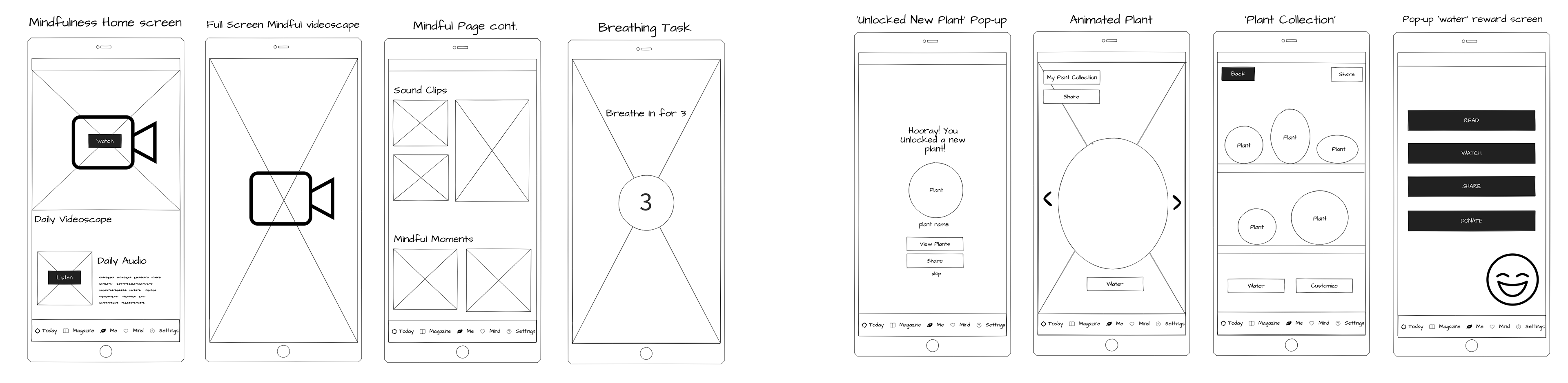 Moss Low-Fidelity Wireframes: Mindfulness content & Plant game