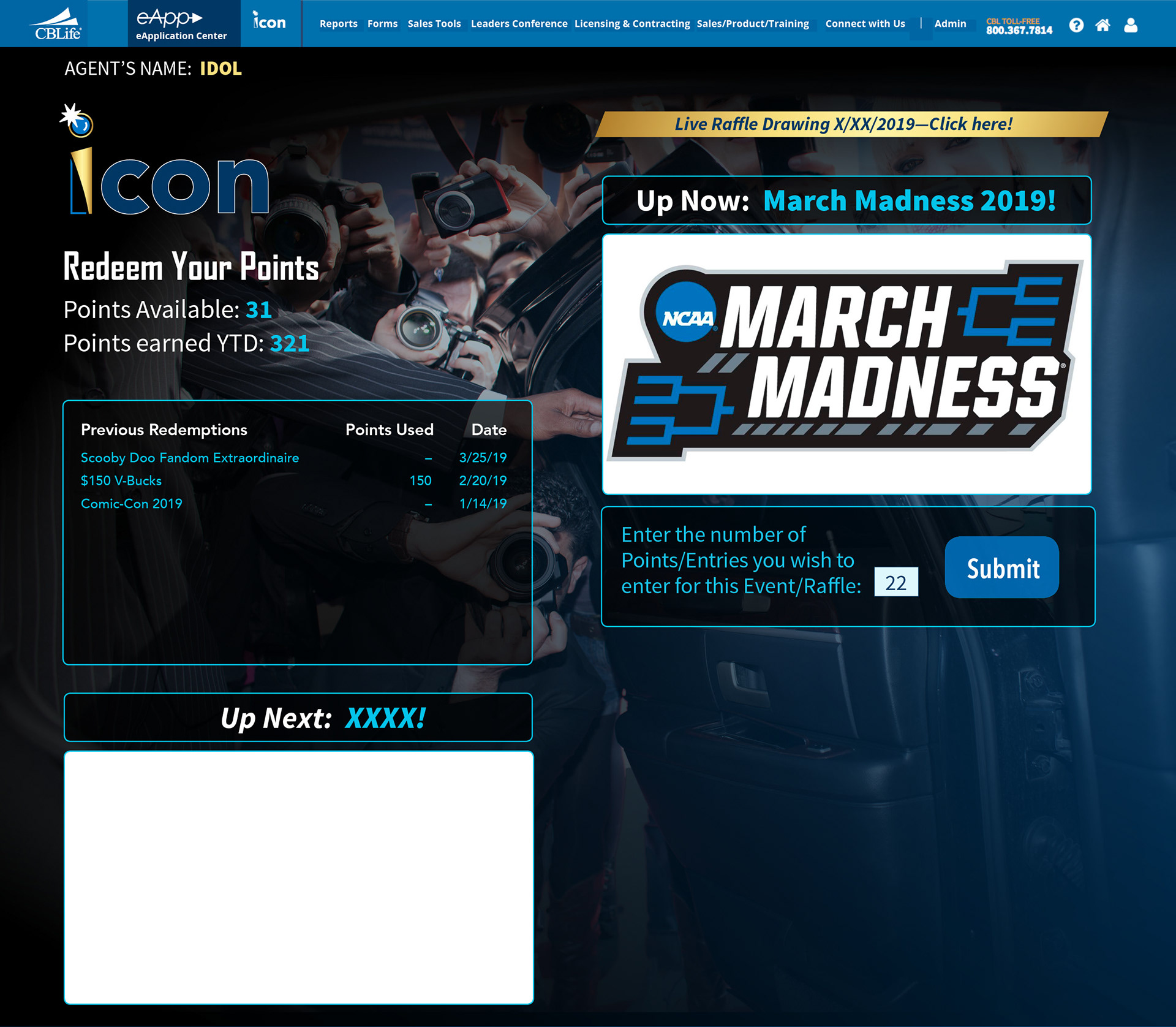 Agent loyalty program points redemption page.