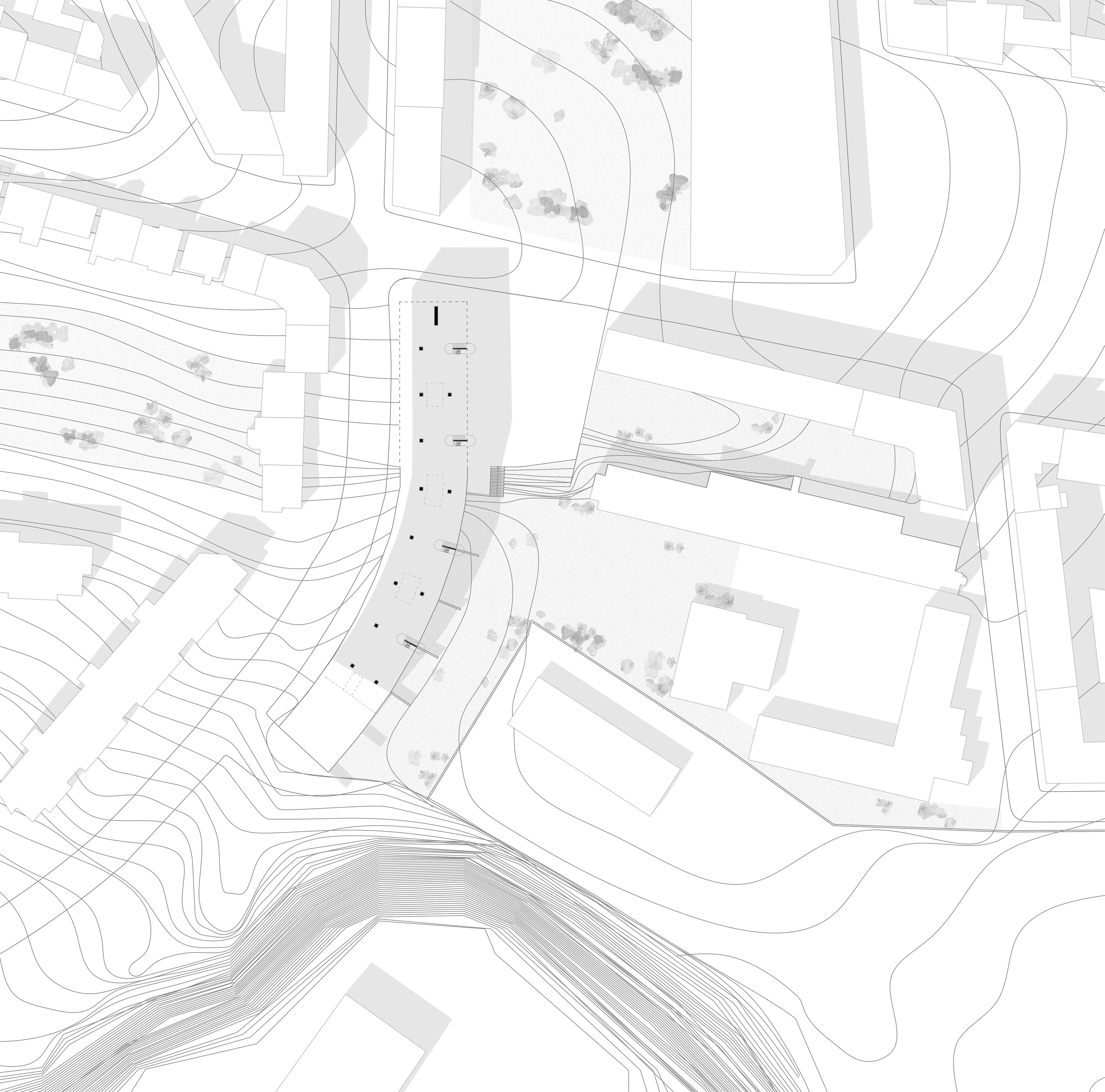 Plan de rez-de-chaussée, échelle 1:500 - étirement de l'espace public