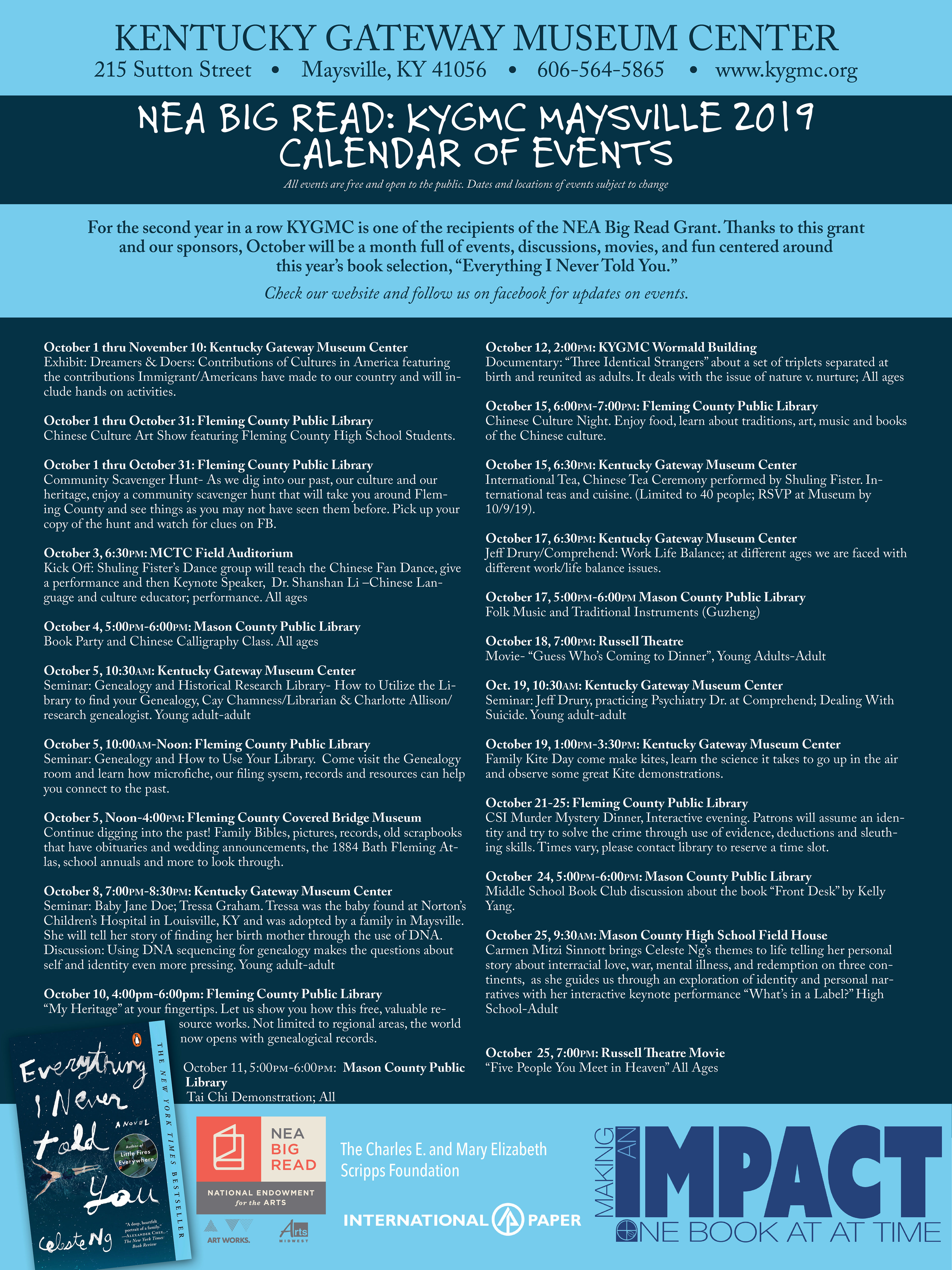 Original Size: 24" X 36" Poster that lists a calendar of events for NEA Big Read (2019). Logo and layout by Amanda Hankinson. Distributed to participating partners, libraries, downtown businesses for display.