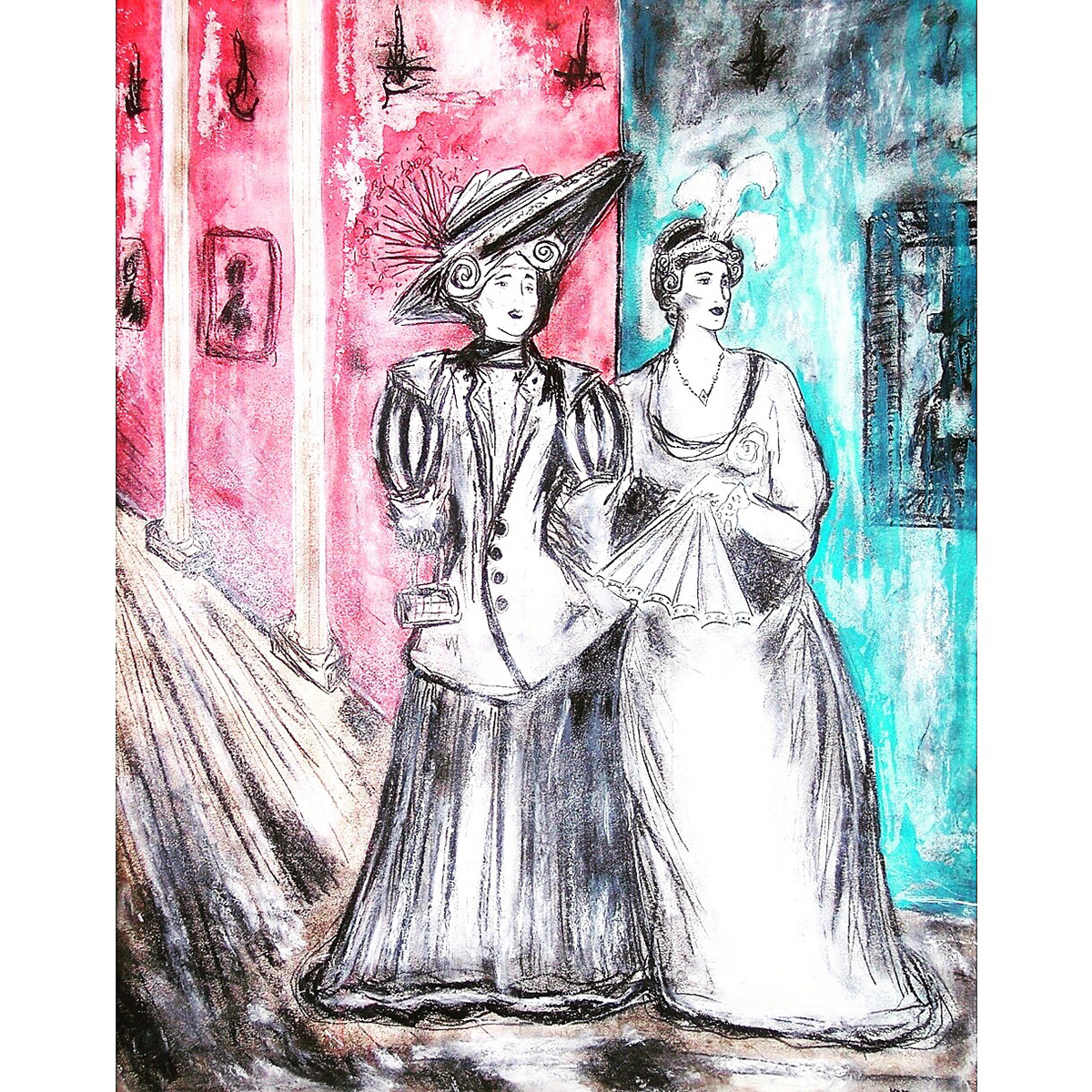 "Secret Meeting" Acrylic, Ink, Pastel on Paper 22x28"