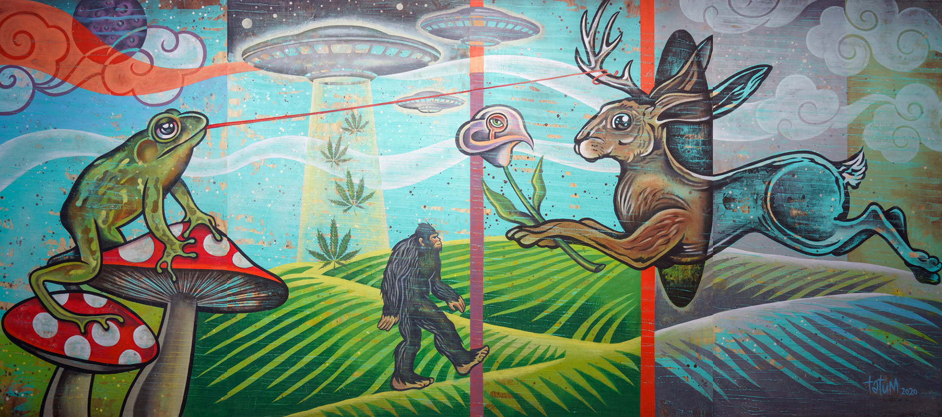 Large painting on wood panels commissioned by and resides in Lillies Greenville Bar, San Antonio, TX