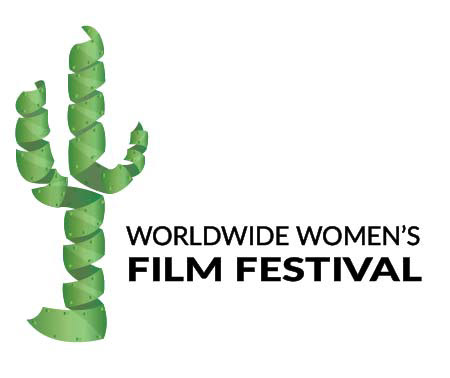 Worldwide Women's Film Festival logo with cactus made up of green film in the shape of a saguaro cactus with words to the right
