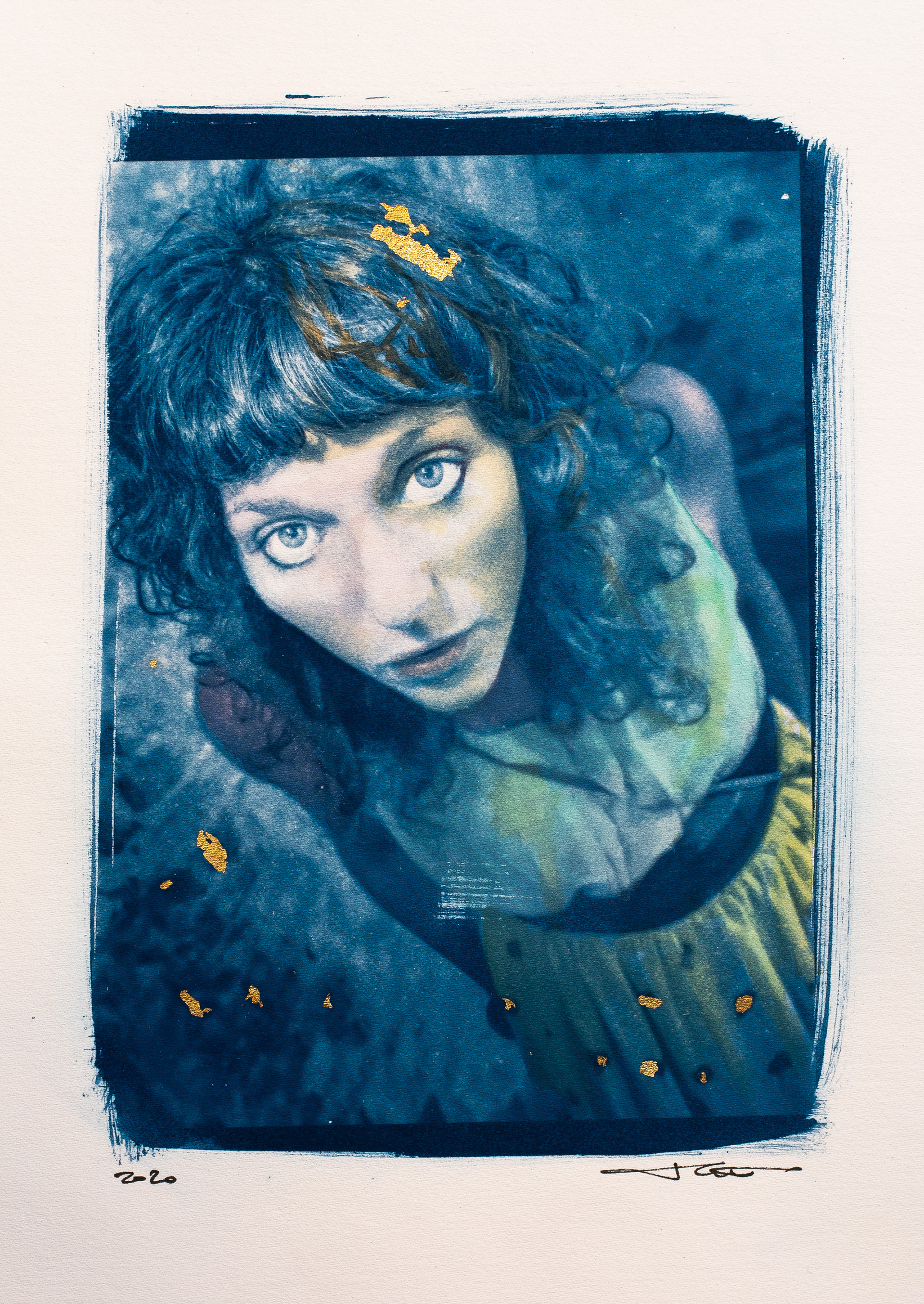 Afi - Gold and watercolor on Cyanotype