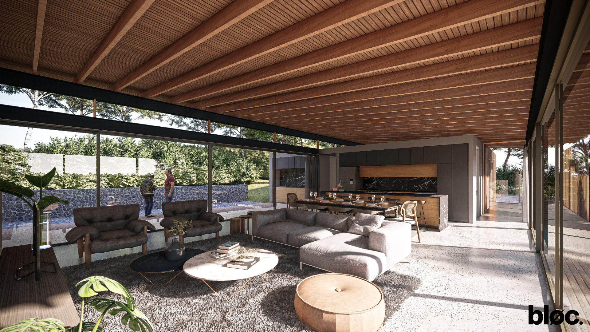 modern interior open plan space with polished concrete floor and timber clad ceiling