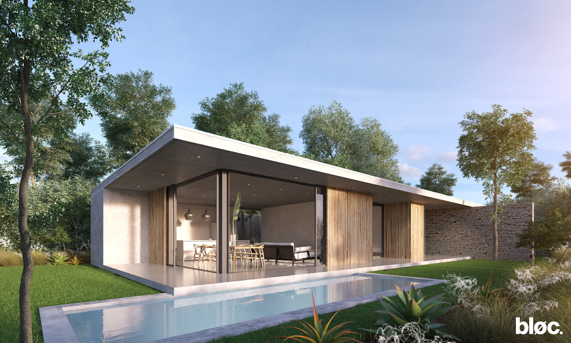 single storey modern home with an outdoor entertainment area and pool