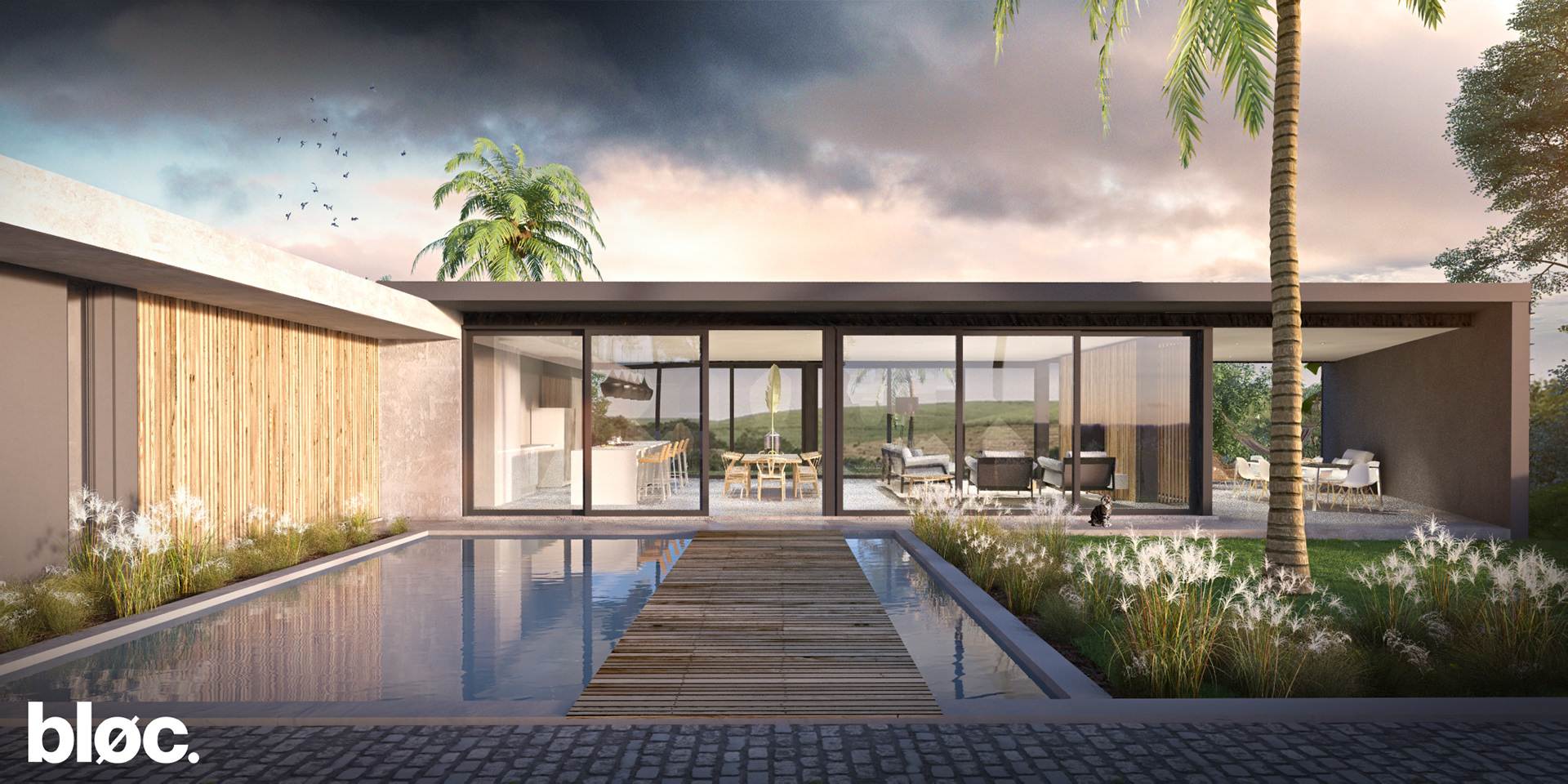 Single storey modern home with reflection pond and timber cladding