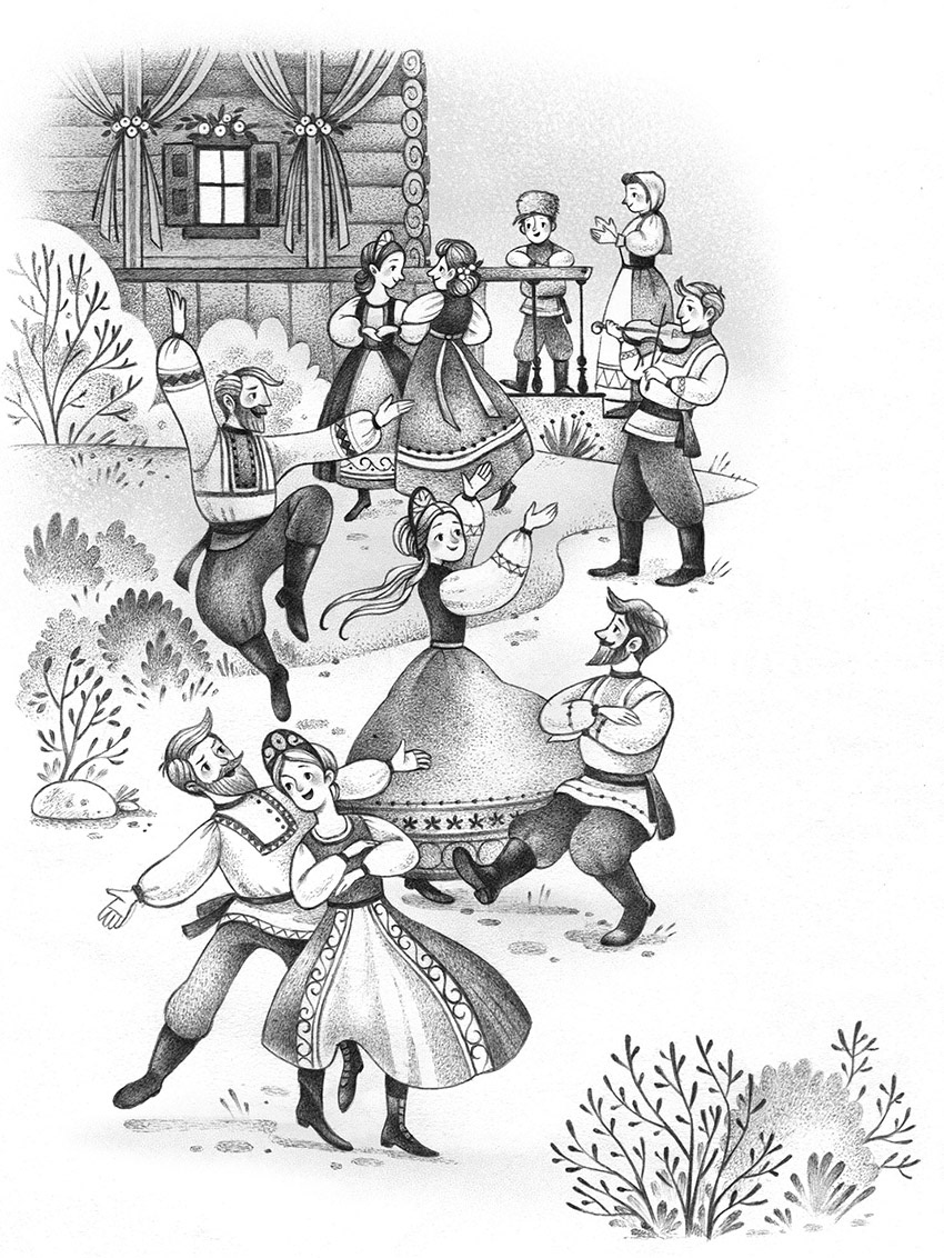 Ink illustration of a traditional russian dance