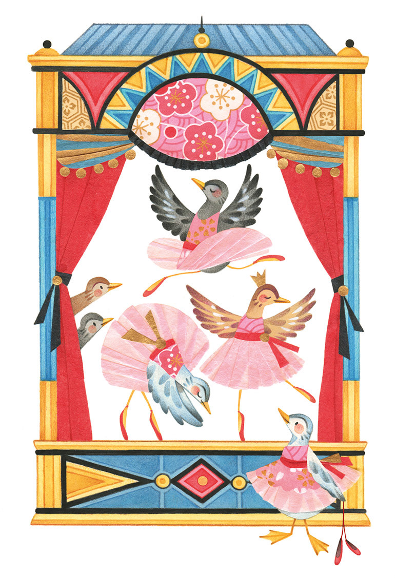 Illustration of a richly decorated theater with collage. Illustration by Gaia Bordicchia Ballerina ducks are dancing