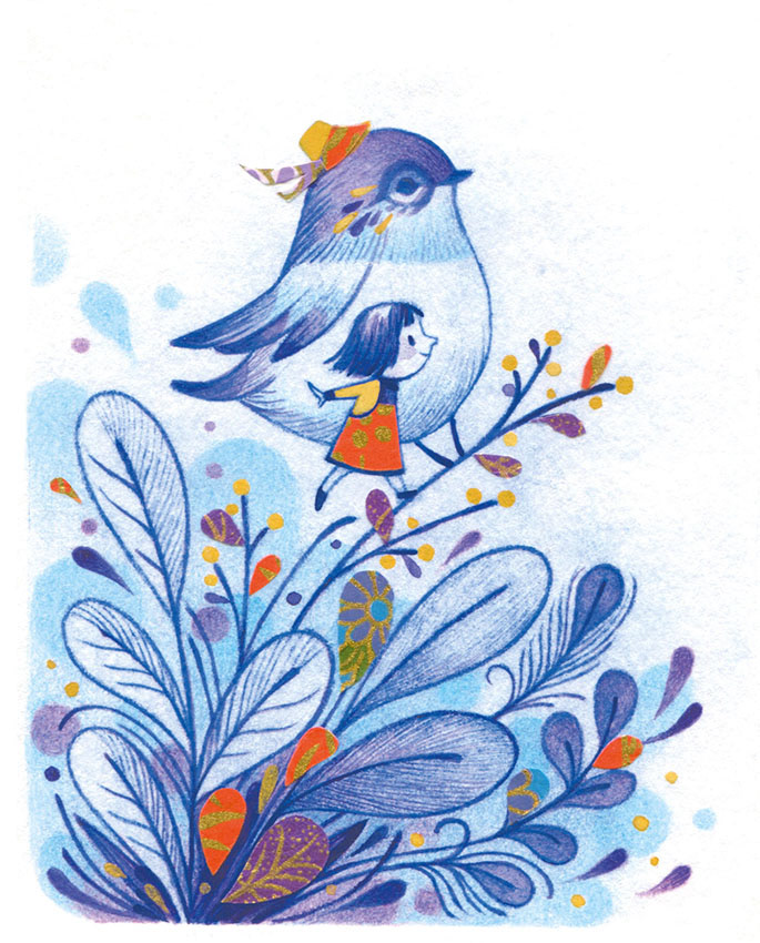 Illustration of a little girl and a bird friend taking flight. Art by Gaia Bordicchia