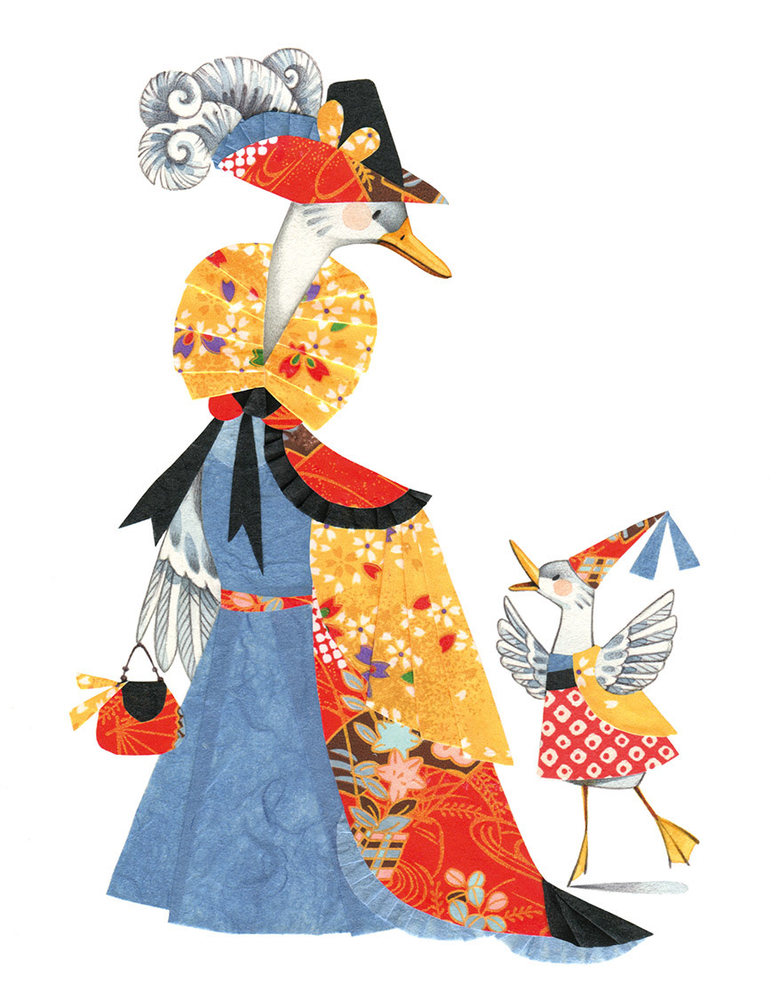 Illustration of Lady Duck and her daughter Giuliva with their collage dresses. Illustration by Gaia Bordicchia