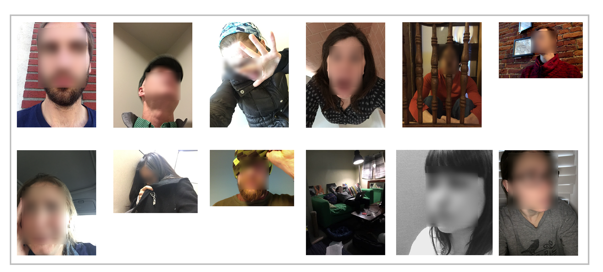 Participant photos, posing as alien captives, submitted for the project. Faces blurred to protect privacy.