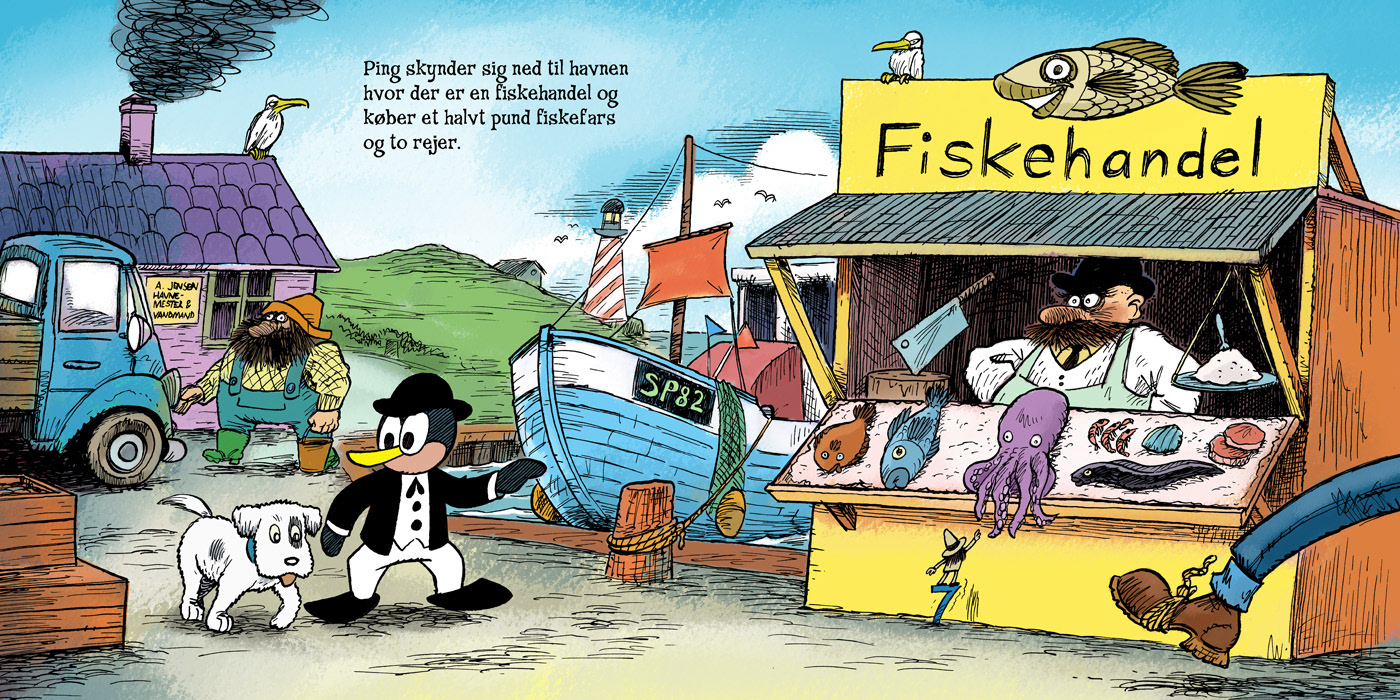 Storm P, Miwer, Peter & Ping, Illustration, bøger, books, børnebøger, children books, pen, ink, tusch, Photoshop, tegninger, drawings, opgaver, findebog, Michael Wettendorff