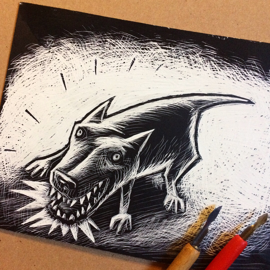 Scraping board, Illustration, Cover art, B&W, Dog, Miwer
