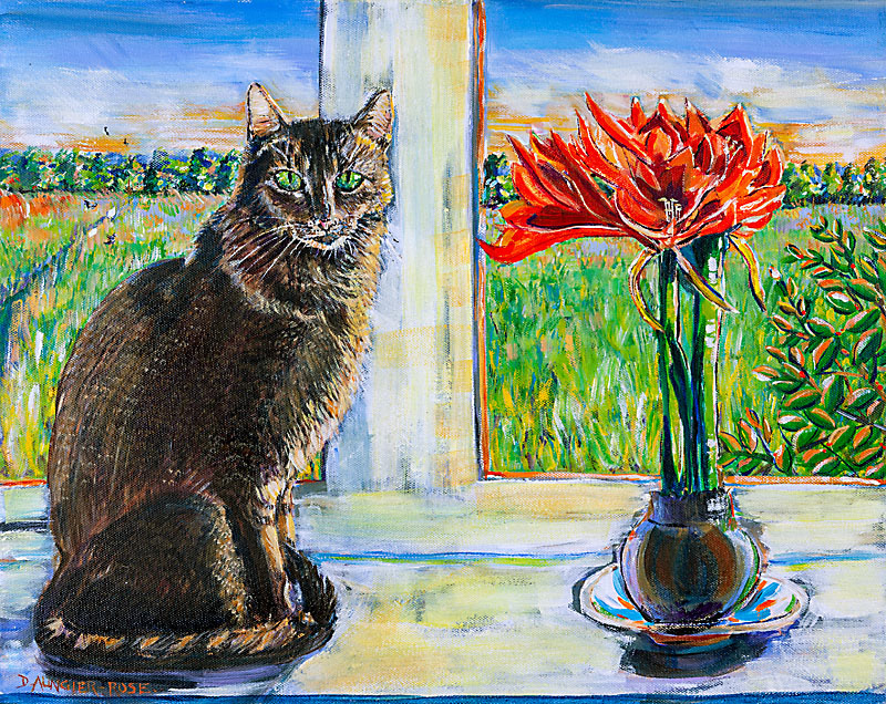 Diana Aungier Rose Artist Windowsill Cat With Red Amaryllis