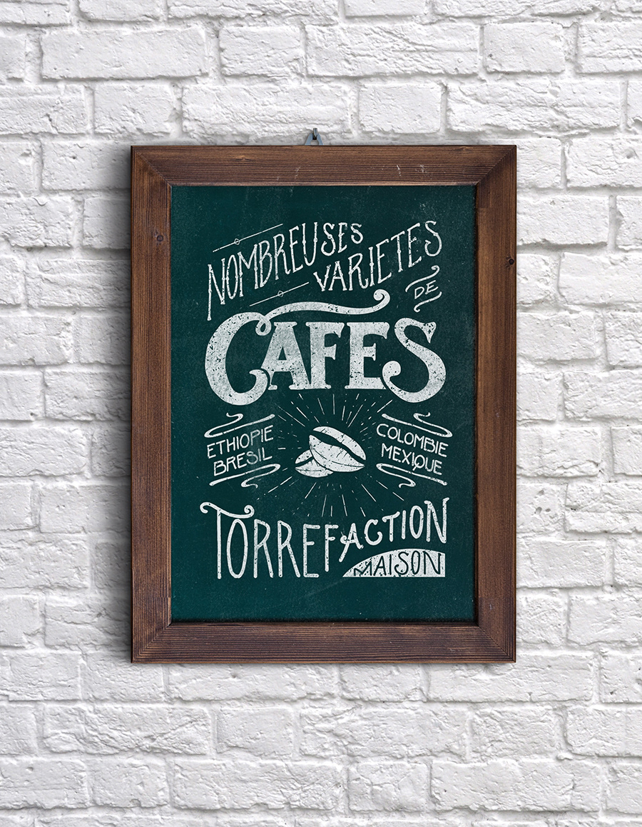 illustration sur ardoise d'un tryptique à base de typographies, le mot est cafés