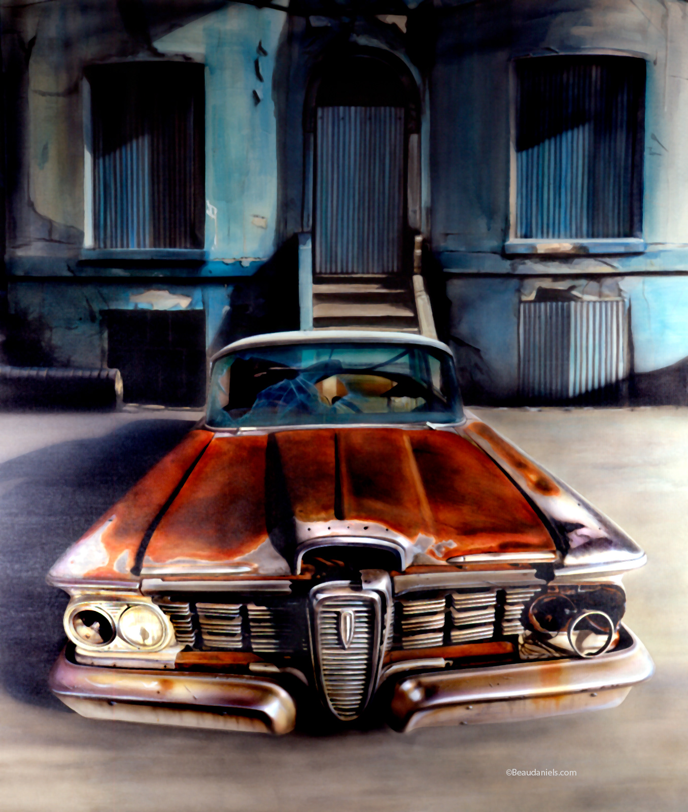 Product: Airbrush acrylic painting Title: "wreck" Location: London England Dimensions: H-40" W40" Shame really.