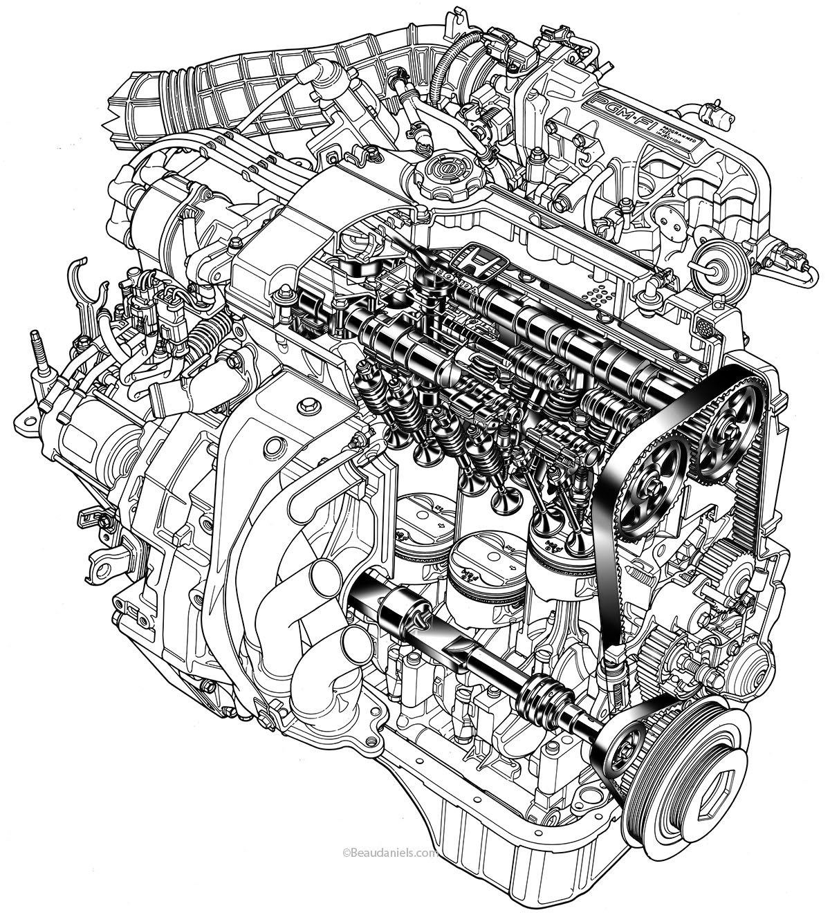 Cutaway engine line art