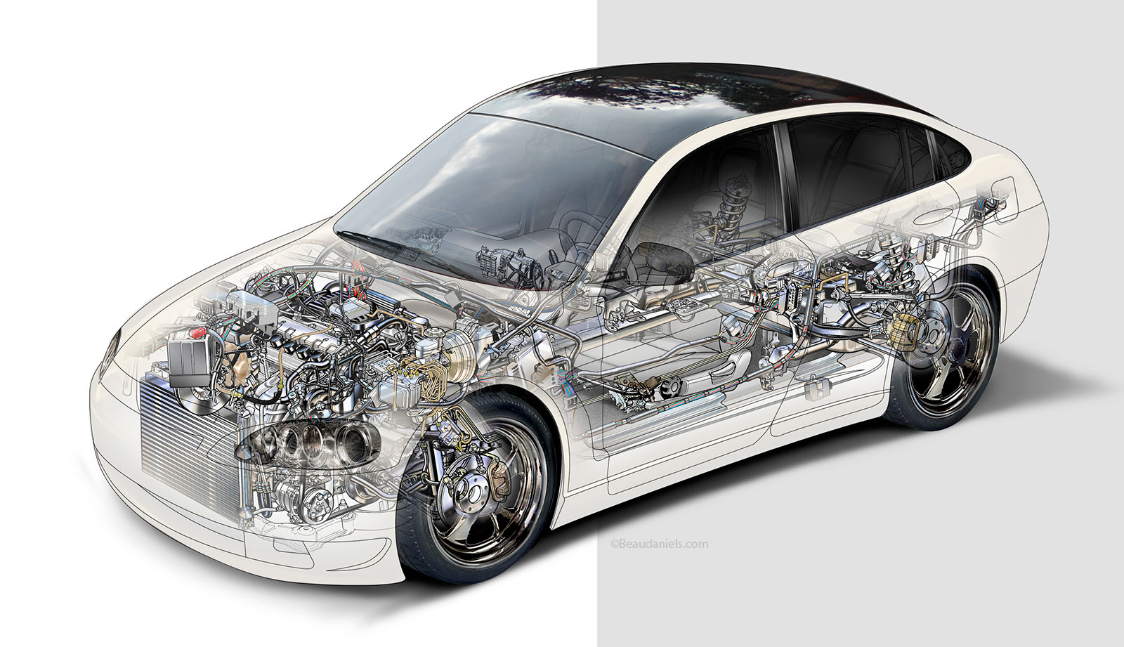 Cutaway generic four door vehicle.