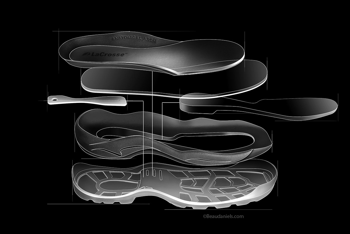 LaCrosse Quad Comfort, cutaway technical illustration showing the structure of the sole.