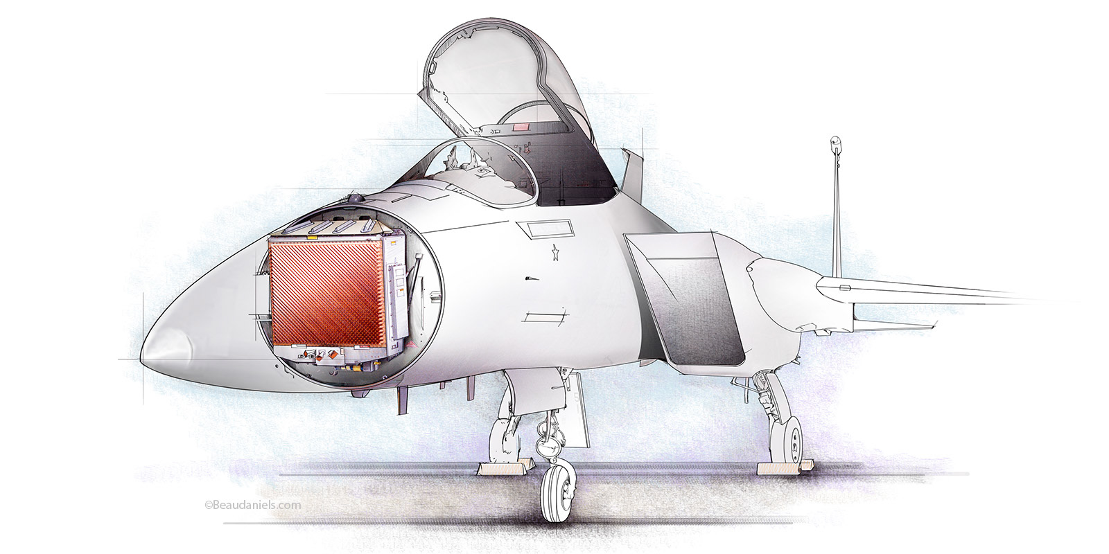 Cutaway to show the radar in an F15. Raytheon Industries