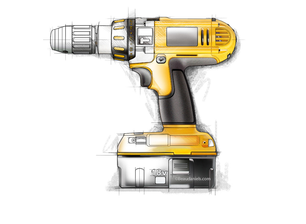 Cordless drill, technical drawing