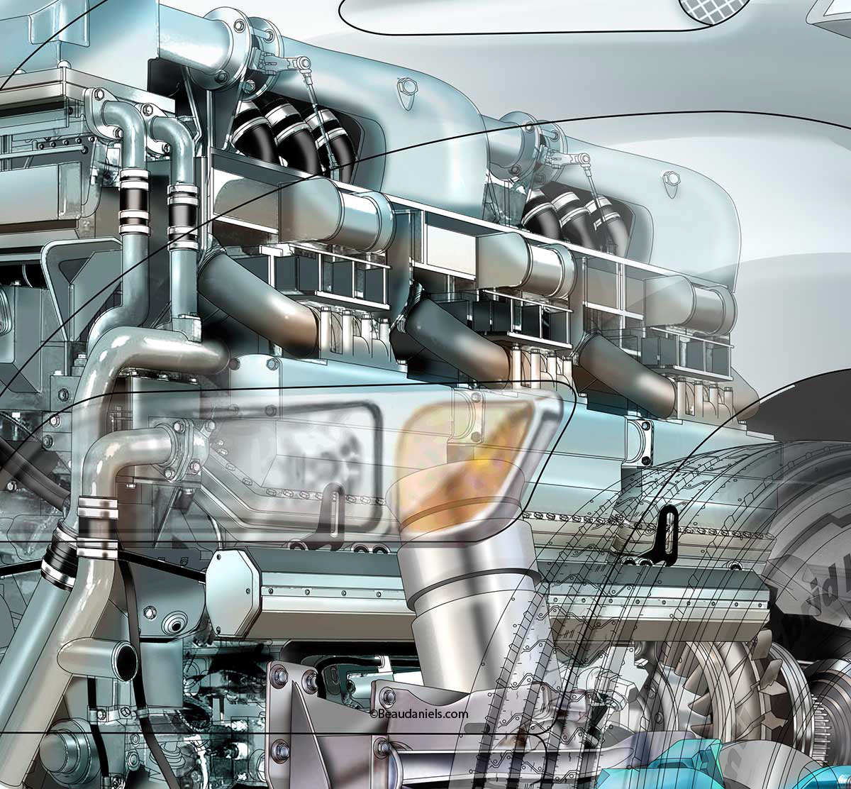 Close up of the engine area.