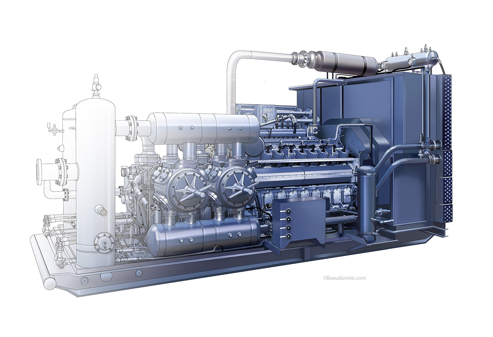 Gas engine. Exxon/MobilRotary screw compressor, cutaway technical illustration. Exxon/Mobil