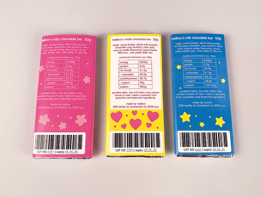 brightly coloured chocolate bar wrappers, showing the ingredients, barcodes, and other required information.