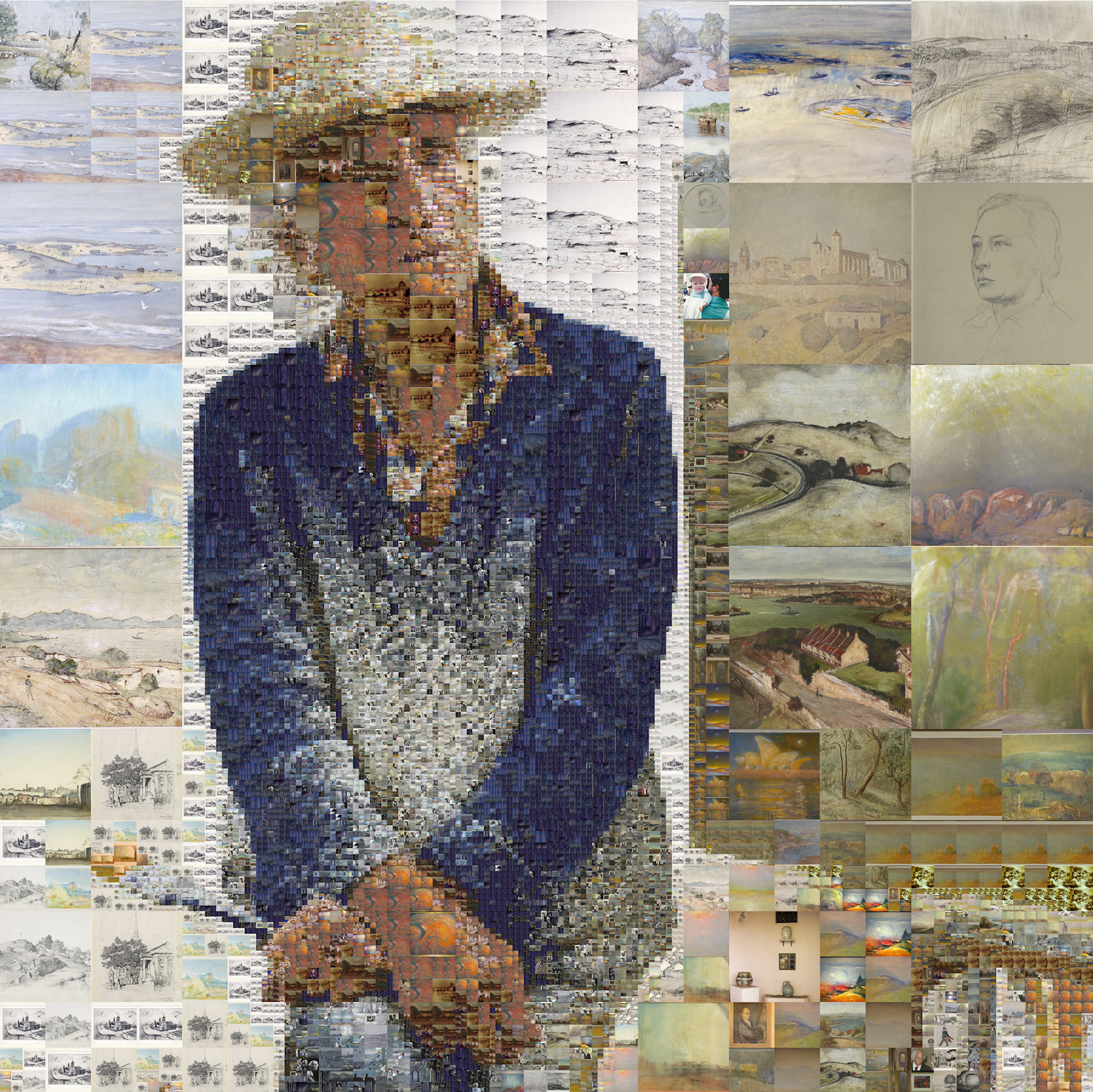 LLOYD FREDERICK REES, 1895-1988 Born Brisbane, AustraliaAustralian landscape painter. Image based on Michel Lawrence’s Lloyd Rees, 1987 and used with his permission. Mosaic images sourced from my collection of:• 420 scanned slides and digital photographs of Lloyd Rees’ paintings and drawings, and • 70 family photographs. Inkjet print on Ilford Galerie Textured cotton rag. Image 100 cm x 100 cm.