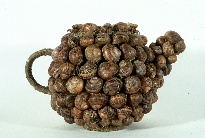 Tea, snails, cicadas on teapot, 6in x 9in x 6in , 1994