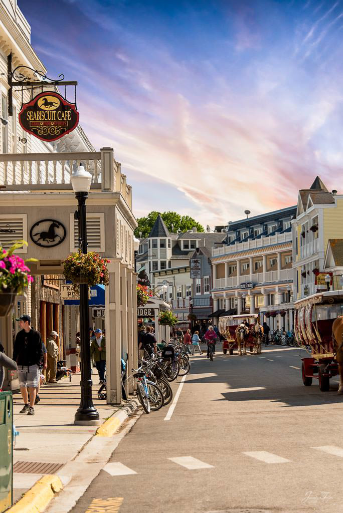 Mackinac Island, beautiful skies early evening, Main Street