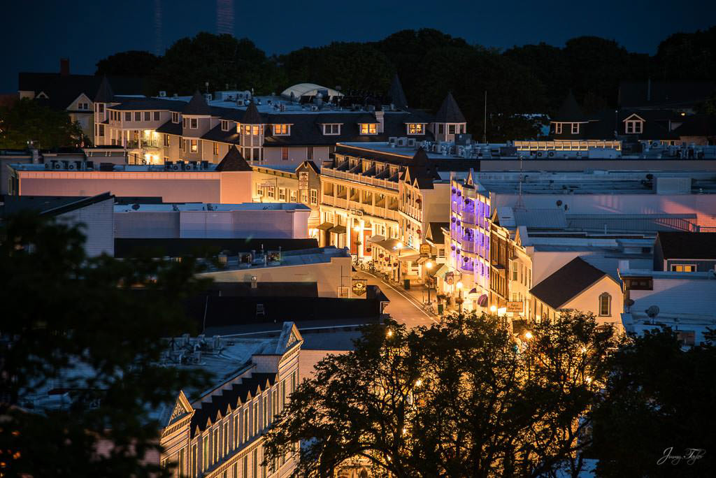 Mackinac Island at night, beautiful view of Main Street from high above
