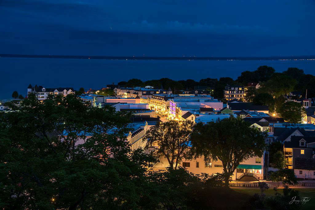 Mackinac Island at night, beautiful view of Main Street from high above