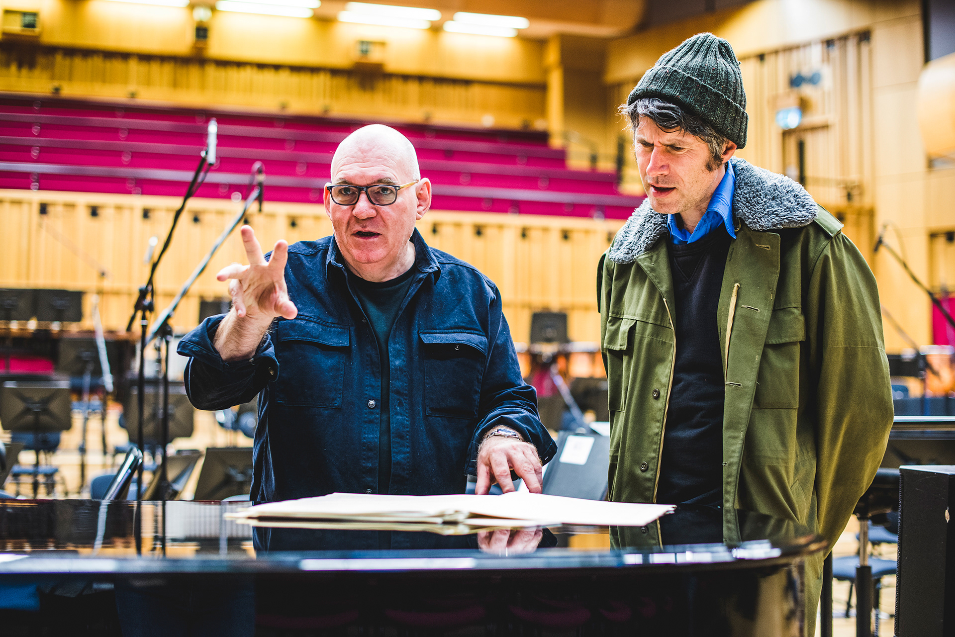 Gruff Rhys (Super Furry Animals) recording with the BBC National Orchestra of Wales for his album Babelsberg and his upcoming performance at the Cardiff Festival of Voice