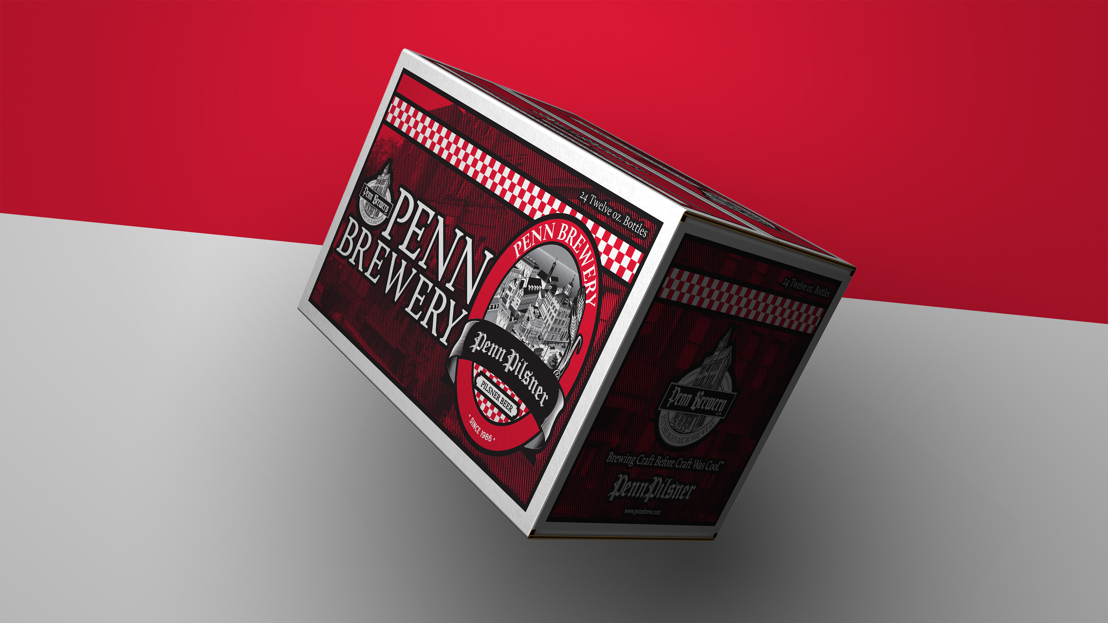 Photoshop 3D Rendering of Penn Brewery's, Penn Pilsner 24 pack corrugated case designed by Andrew Thompson