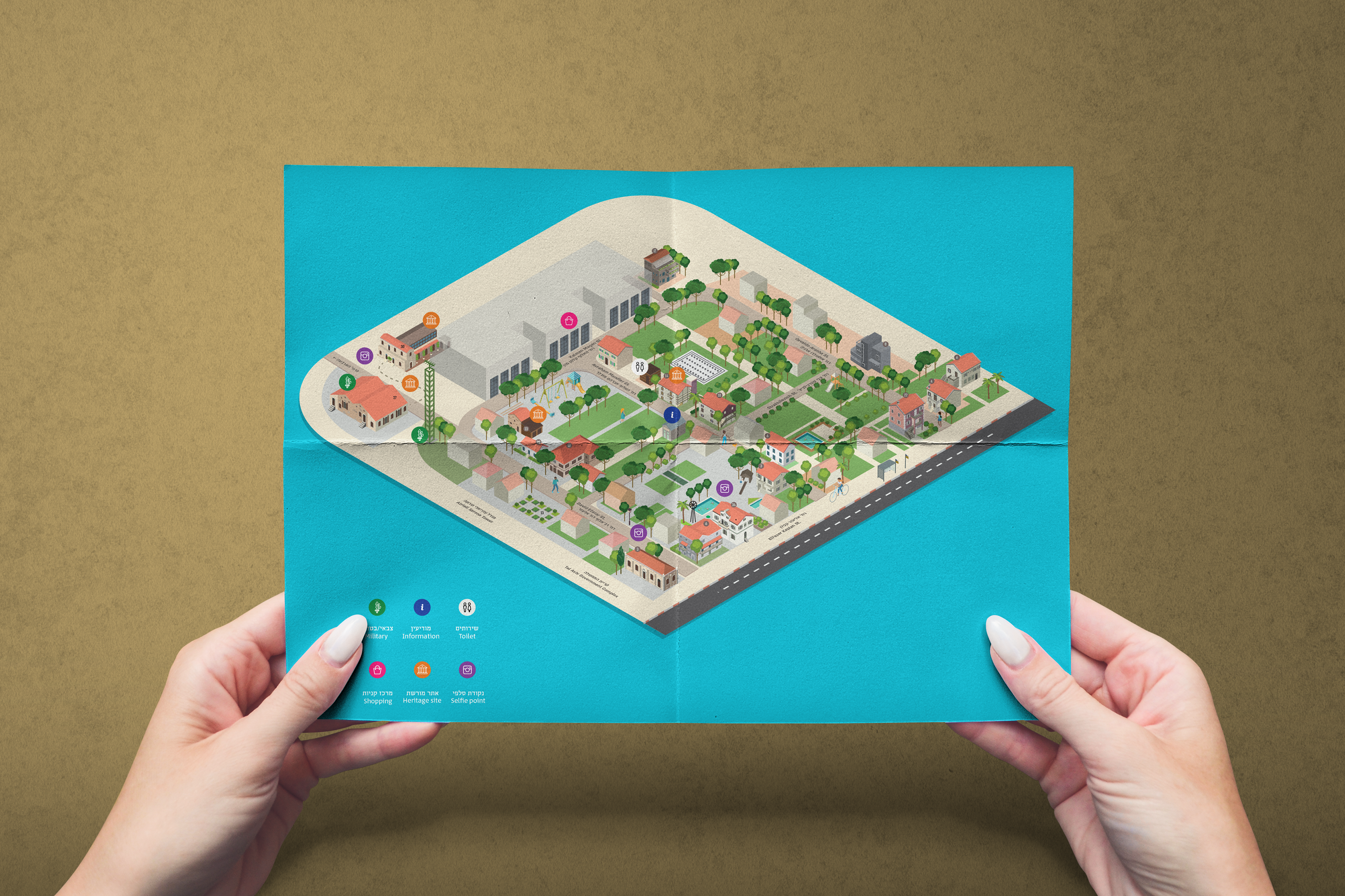 Map of Sharona, Tel Aviv - illustration of the complex, buildings and historical sites, within the urban development.