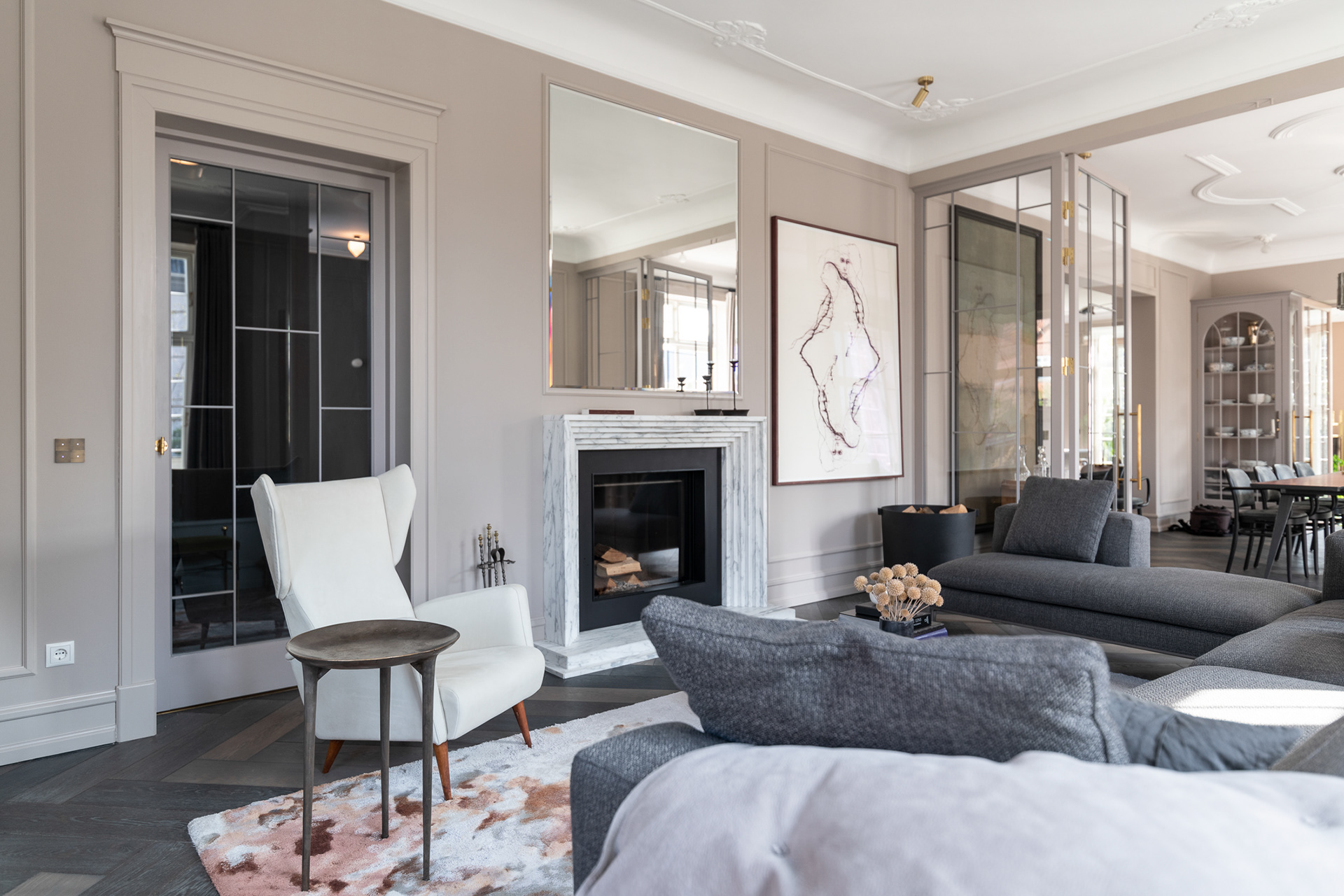 Fireplace - Suite 07, renovated villa in Copenhagen, Denmark. Photographer Martin Kaufmann