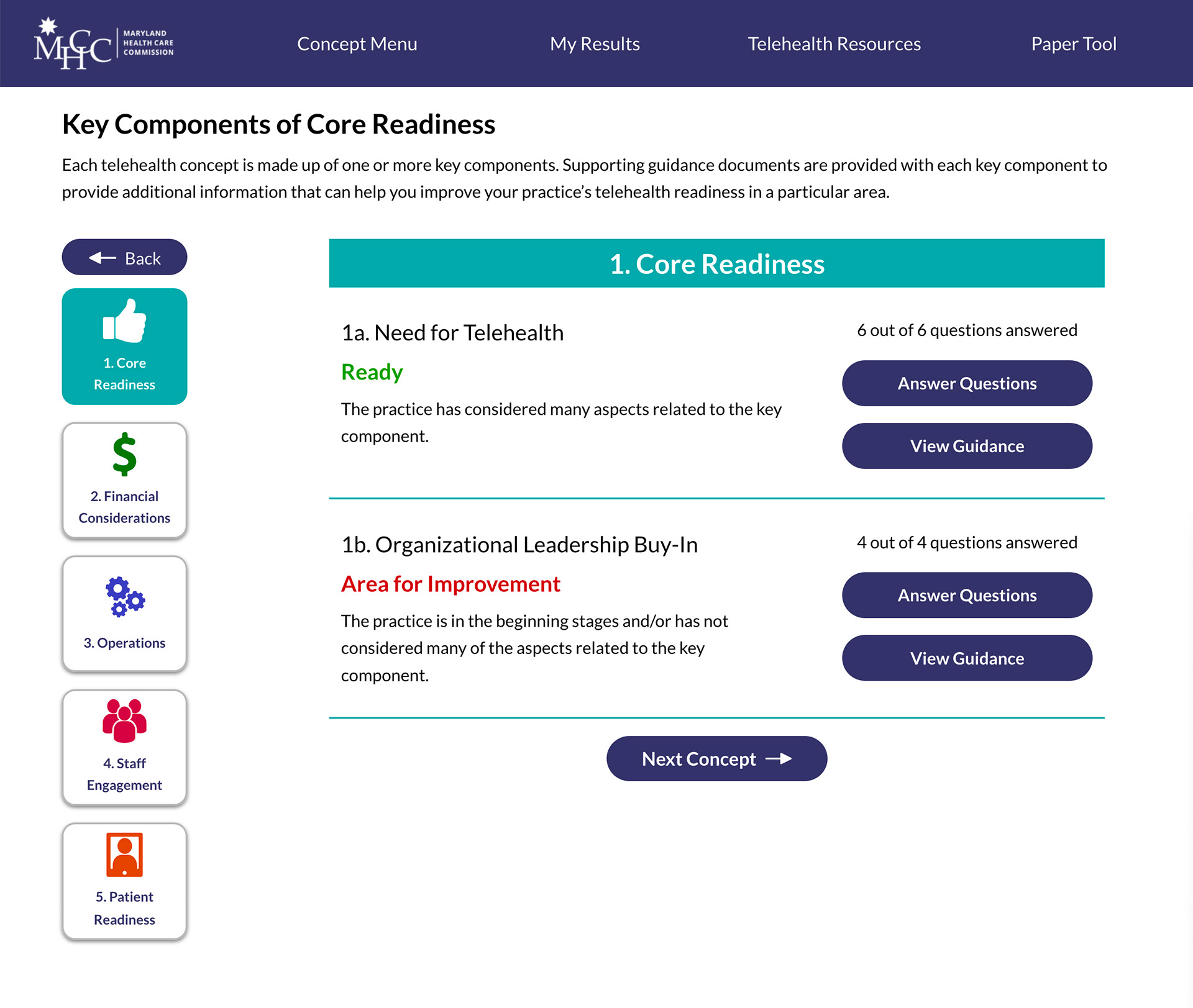 Each of the 5 key concepts has sub-components. A user can work on sub-components in any order and see clear results for each