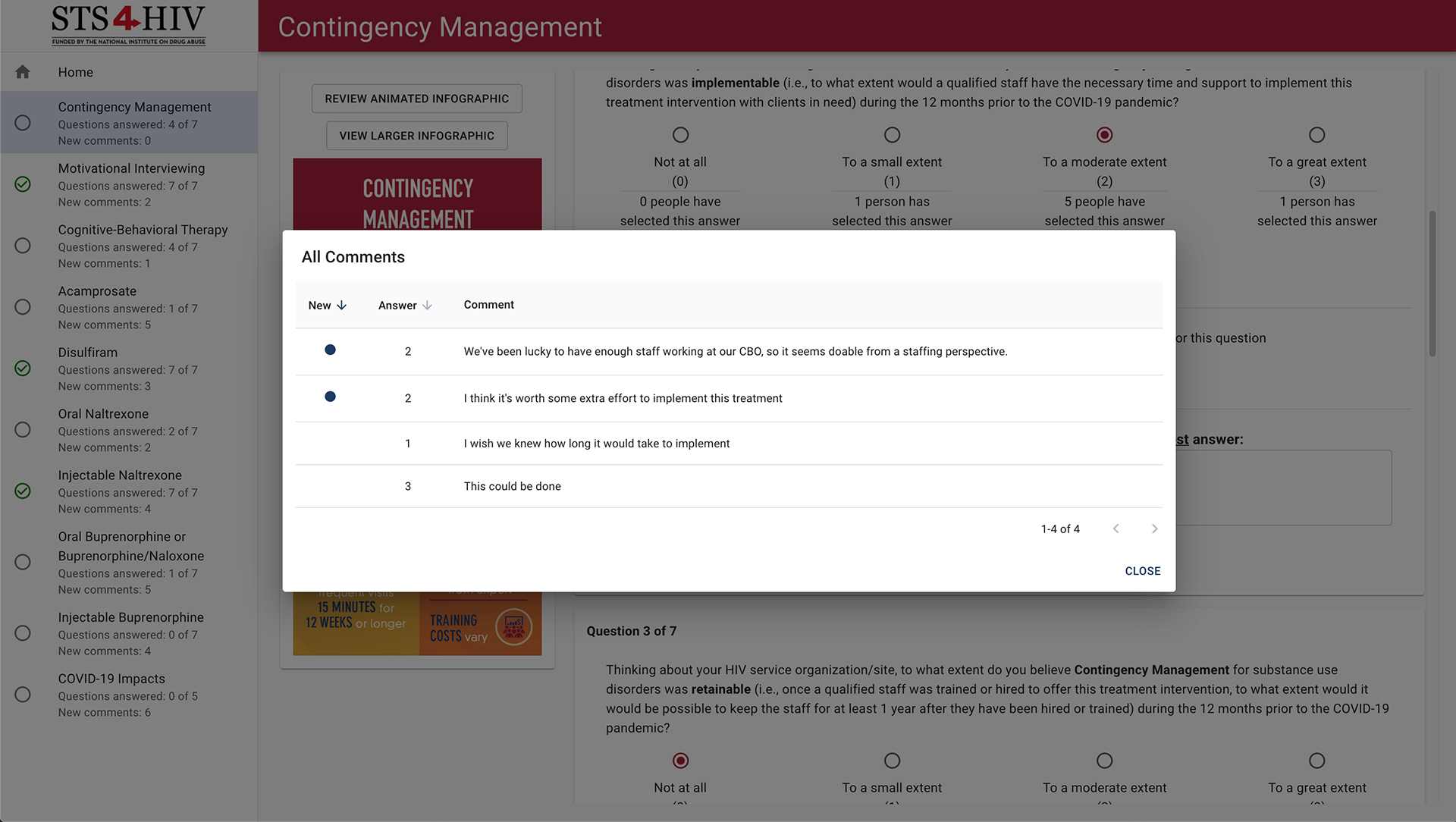 Modal for viewing comments, which are sortable by recency or answer value