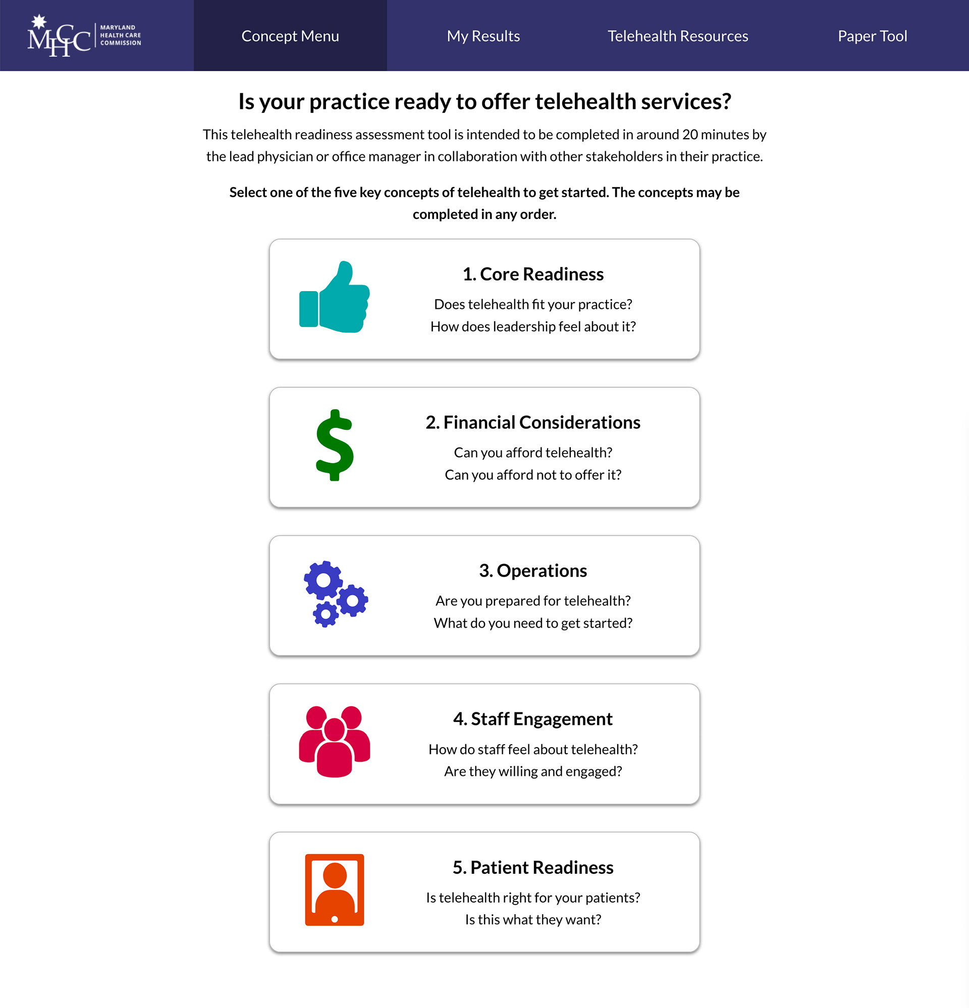 Main menu where users can select the assessment section they would like to work on