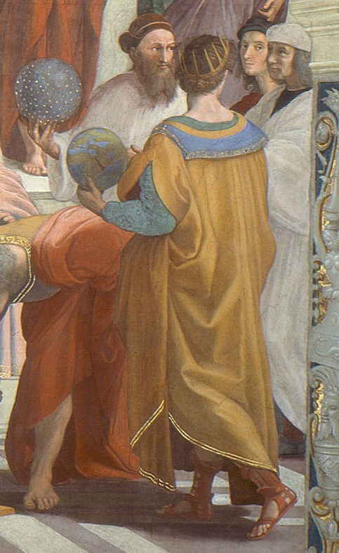 Ptolemy, crowned again, with the globe - representing his work on Geography - with an earlier Greek astronomer Hipparchos, with the celestial globe. From Raphael's 1510 fresco 'The School of Athens.