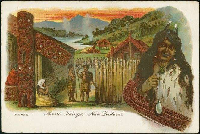 Postcard of a traditional Maori village Illustrated by Benoni White and published by A. D. Willis in 1902.