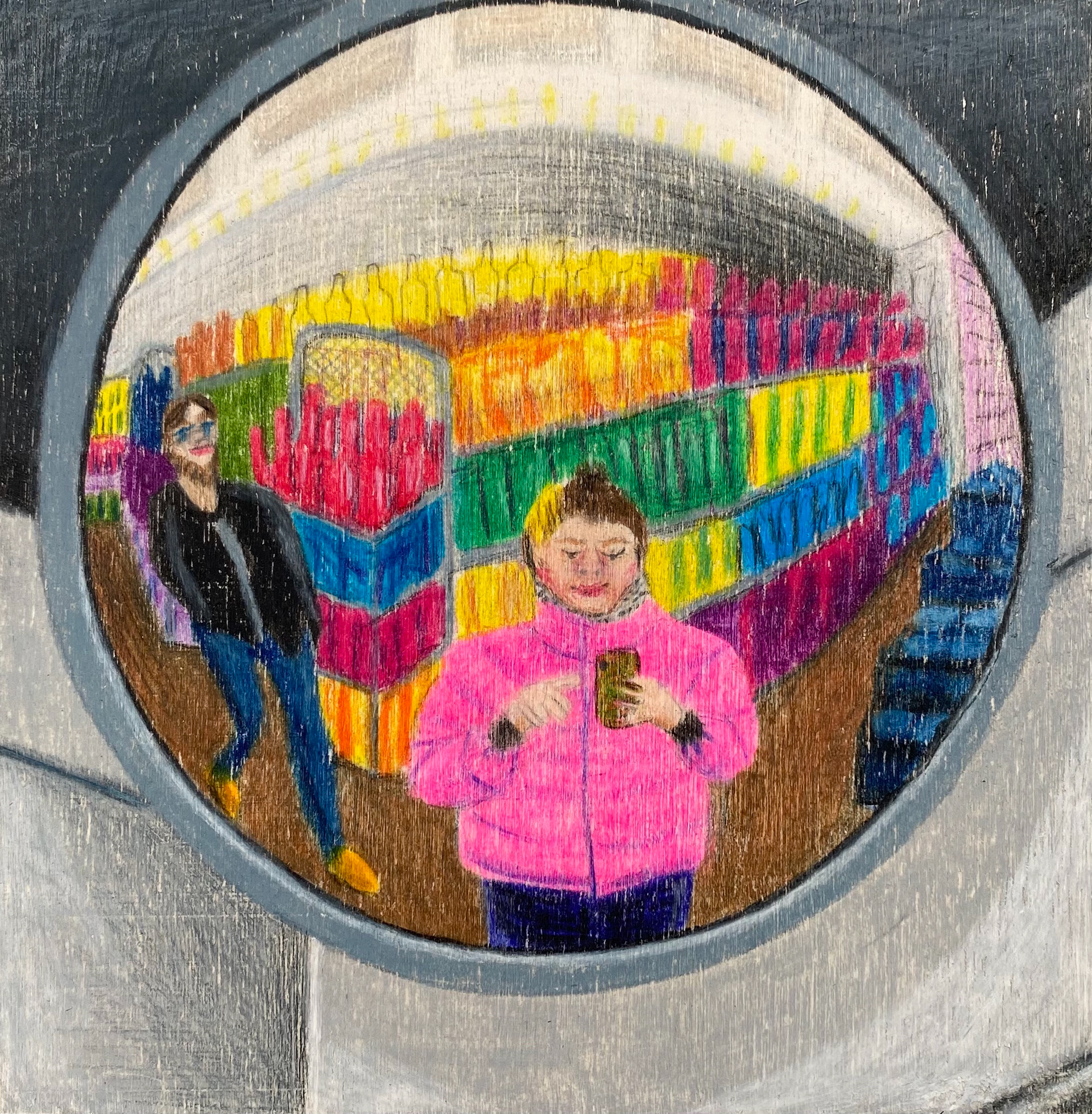 "Dépanneur", 6"x6", Pencil Crayon on Wood Panel, 2020
