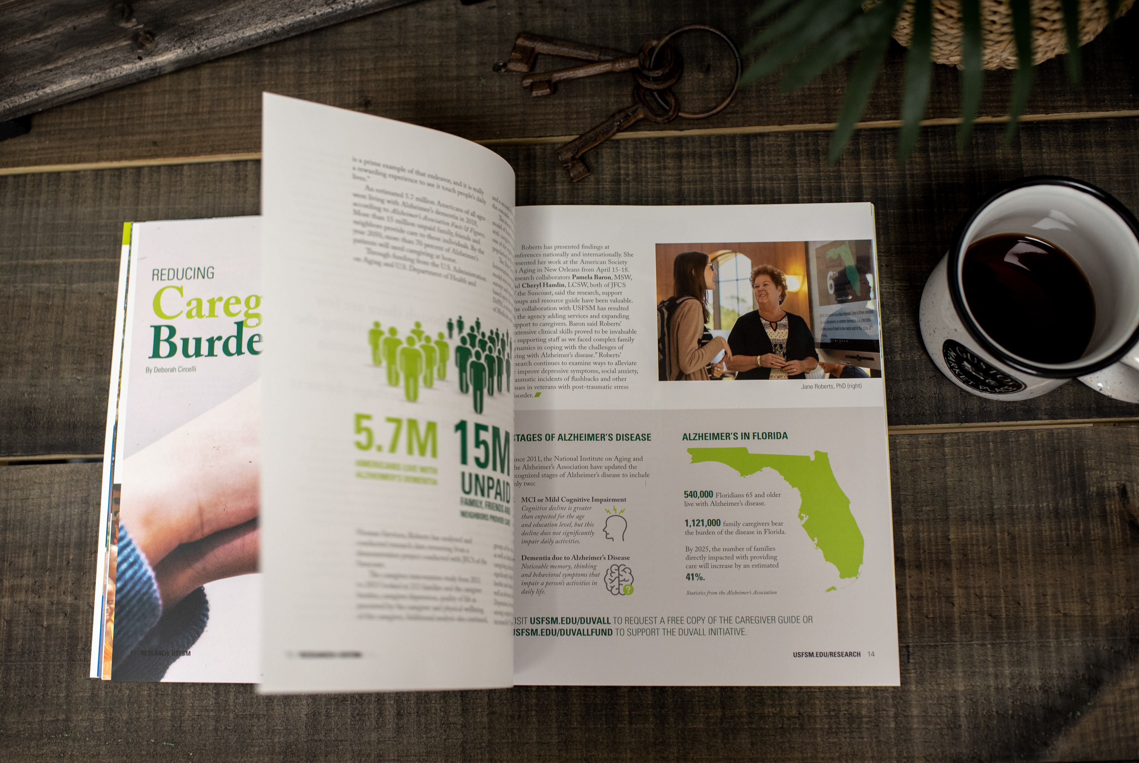 University research magazine design and layout: inside spread layout design with flipping page